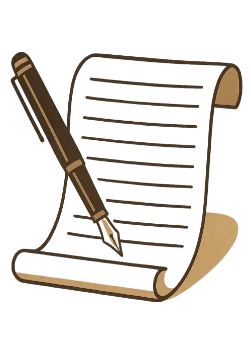 Yazılı satırları olan bir parşömen ve dolma kalem, yasal belge veya yazmayı simgeliyor.